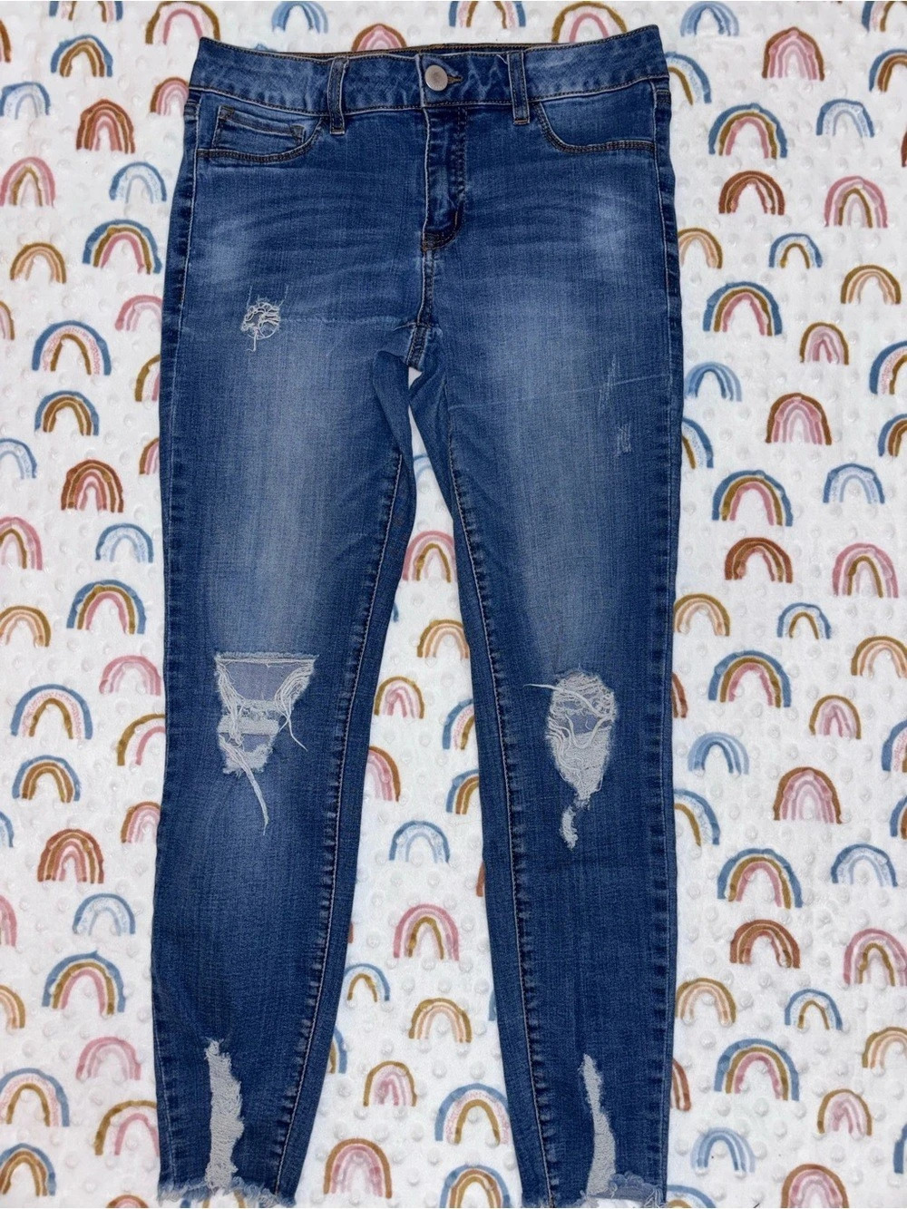 refuge Skinny Distressed Raw Hem Jeans in Blue Waist 8